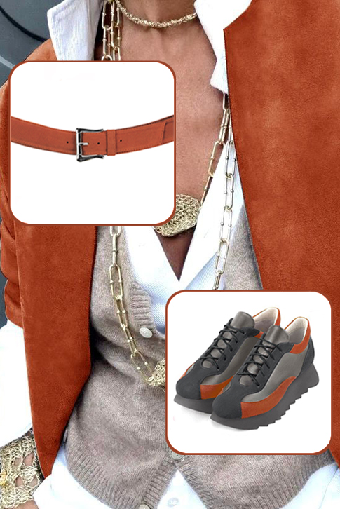 French elegance and refinement for these dark grey and terracotta orange dress sneakers, 
                available in many subtle leather and colour combinations. Nice Sneakers of "Ville". 
Fine and elegant, it will replace a traditional model.
All color combinations are possible, have fun customizing it.  
                Matching clutches for parties, ceremonies and weddings.   
                You can customize these sneakers to perfectly match your tastes or needs, and have a unique model.  
                Choice of leathers, colours, and soles. 
                Wide range of materials and shades carefully chosen.  
                Small and large shoe sizes - Florence KOOIJMAN